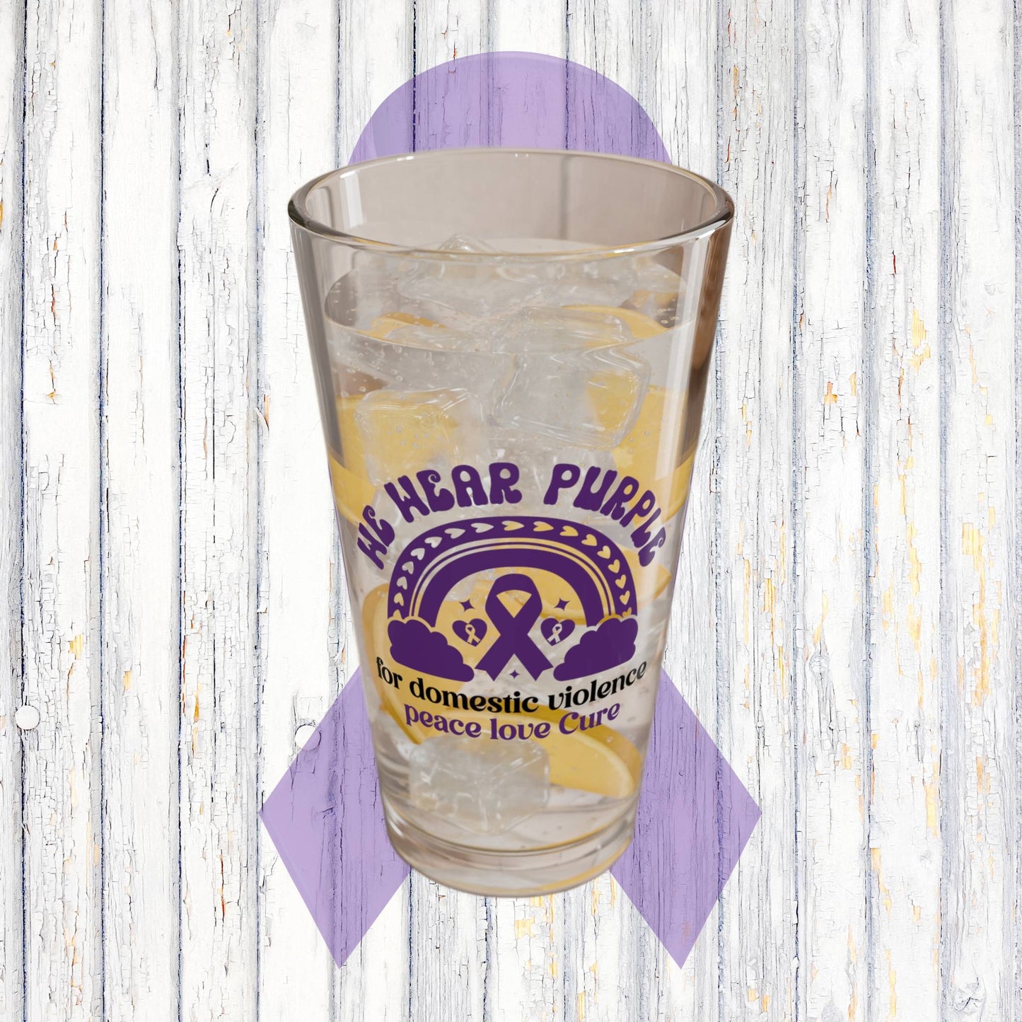 We Wear Purple DV Awareness pint glass to support survivors and raise awareness