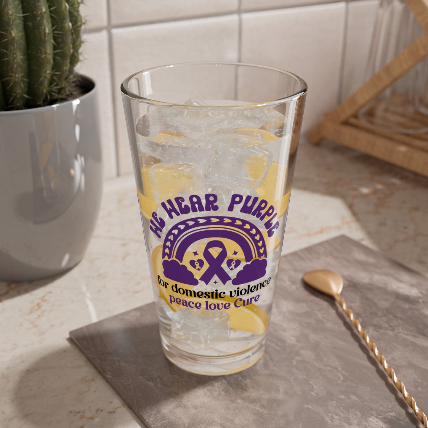 We Wear Purple DV Awareness pint glass to support survivors and raise awareness