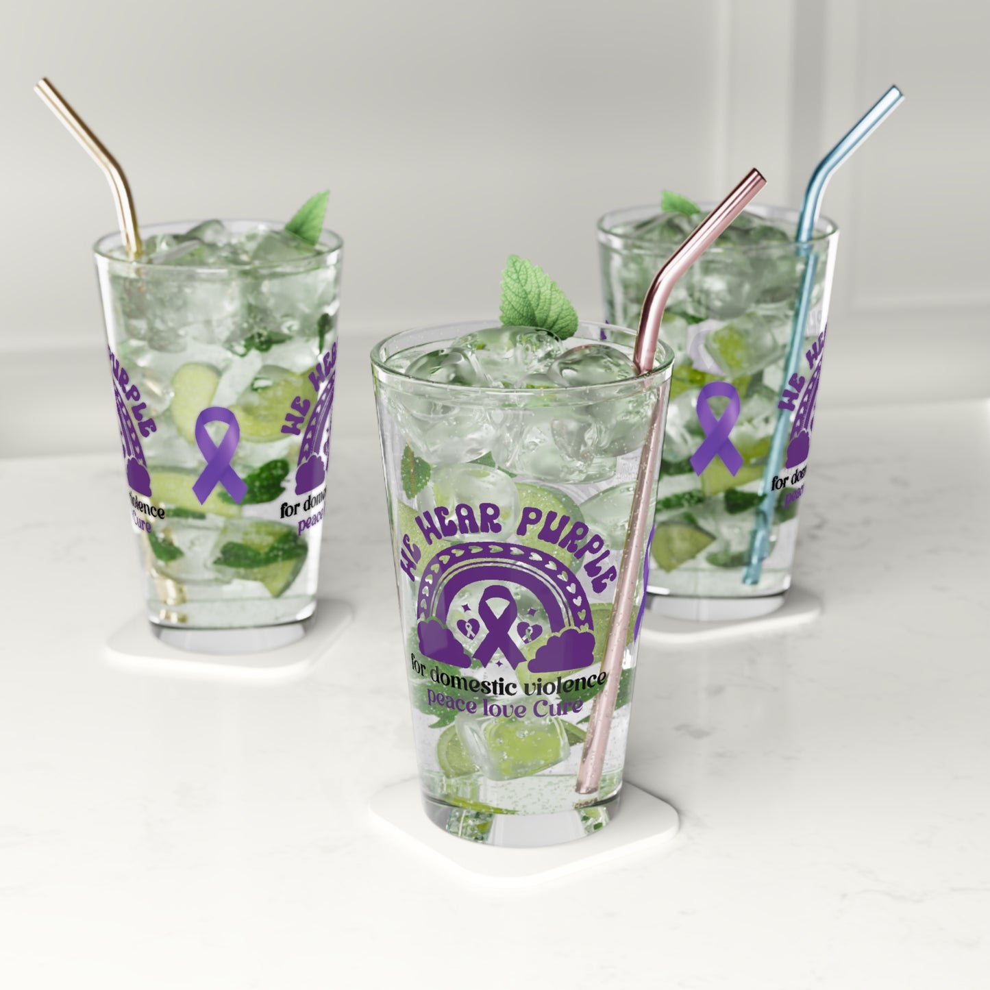 We Wear Purple DV Awareness pint glass to support survivors and raise awareness