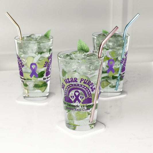 Shop our premium we wear purple for domestic violence peace love cure pint glass 16oz from MySisterIsASurvivor.