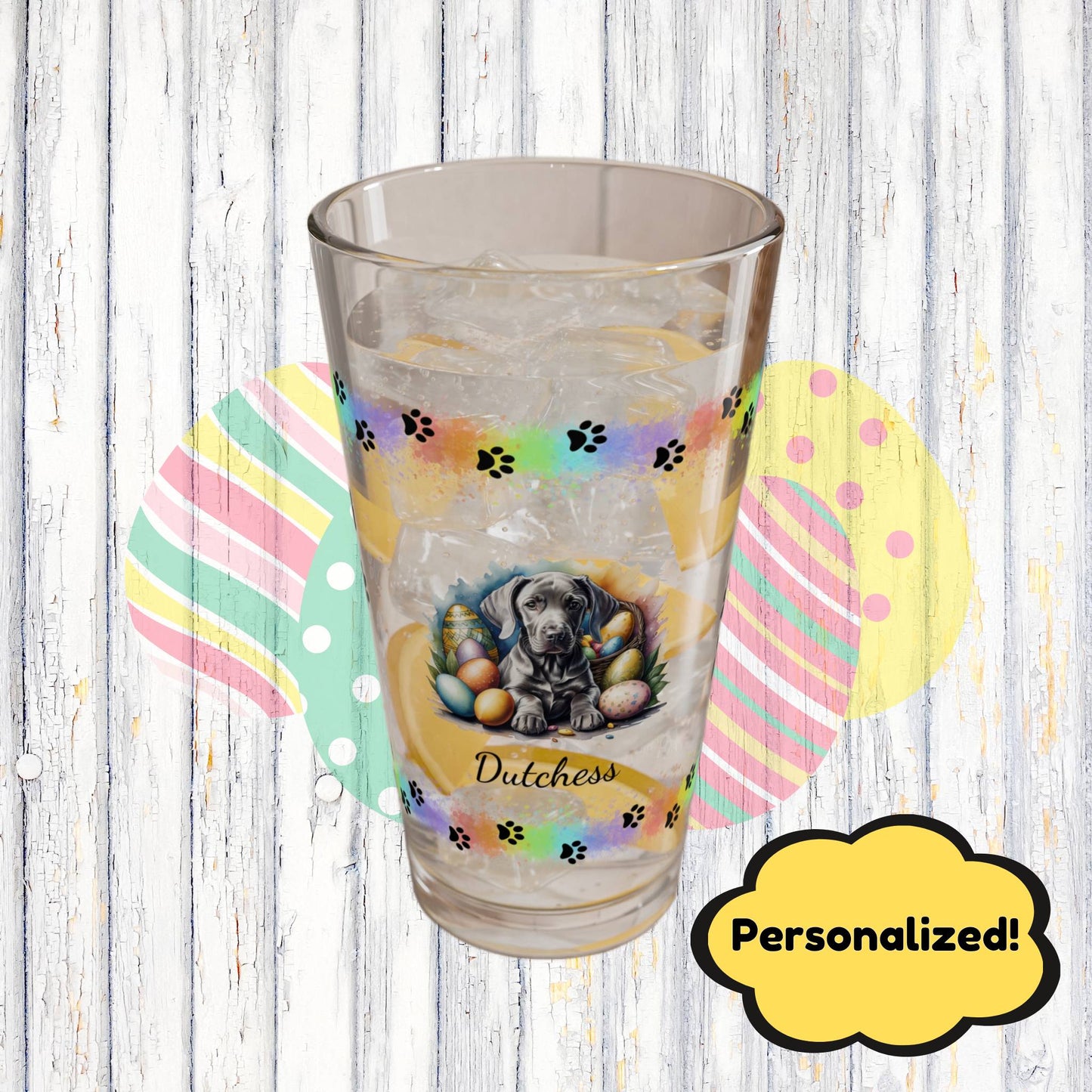 Weimaraner (Mouse Gray) Personalized Easter Puppy 16oz Pint Glass - Custom Dog Design, Mental Health Gift, Easter Décor, and Festive Celebrations
