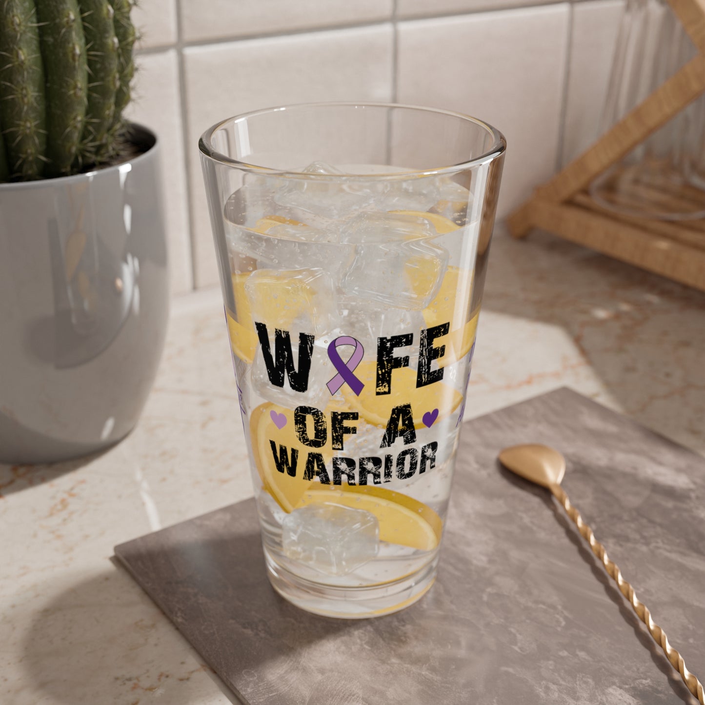 Wife of a Warrior: Personalized Domestic Violence Awareness Warrior Pint Glass - Proud Family Member