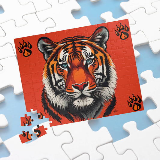Tiger in motion with strong body language, featured on a puzzle celebrating personal power and resilience