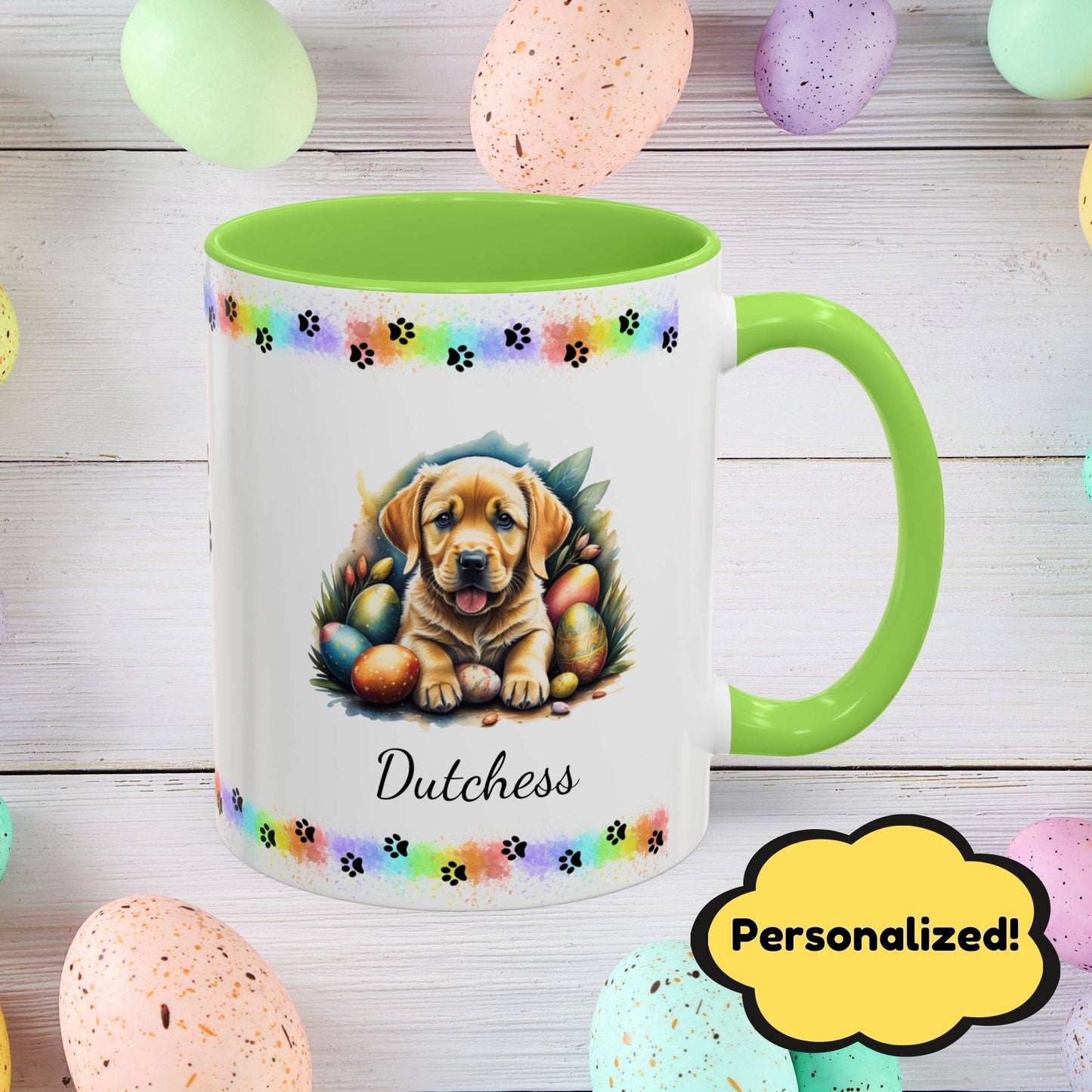 Yellow Labrador Easter puppy coffee mug personalized cute dog design, spreading joy and emotional wellness this Easter.