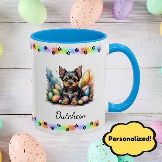 Yorkshire Terrier Easter puppy coffee mug personalized dog gift, perfect for mindfulness, self-care, and spring positivity.