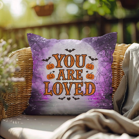 Shop our you are loved halloween pillow featuring the 18" x 18" style option from MySisterIsASurvivor.