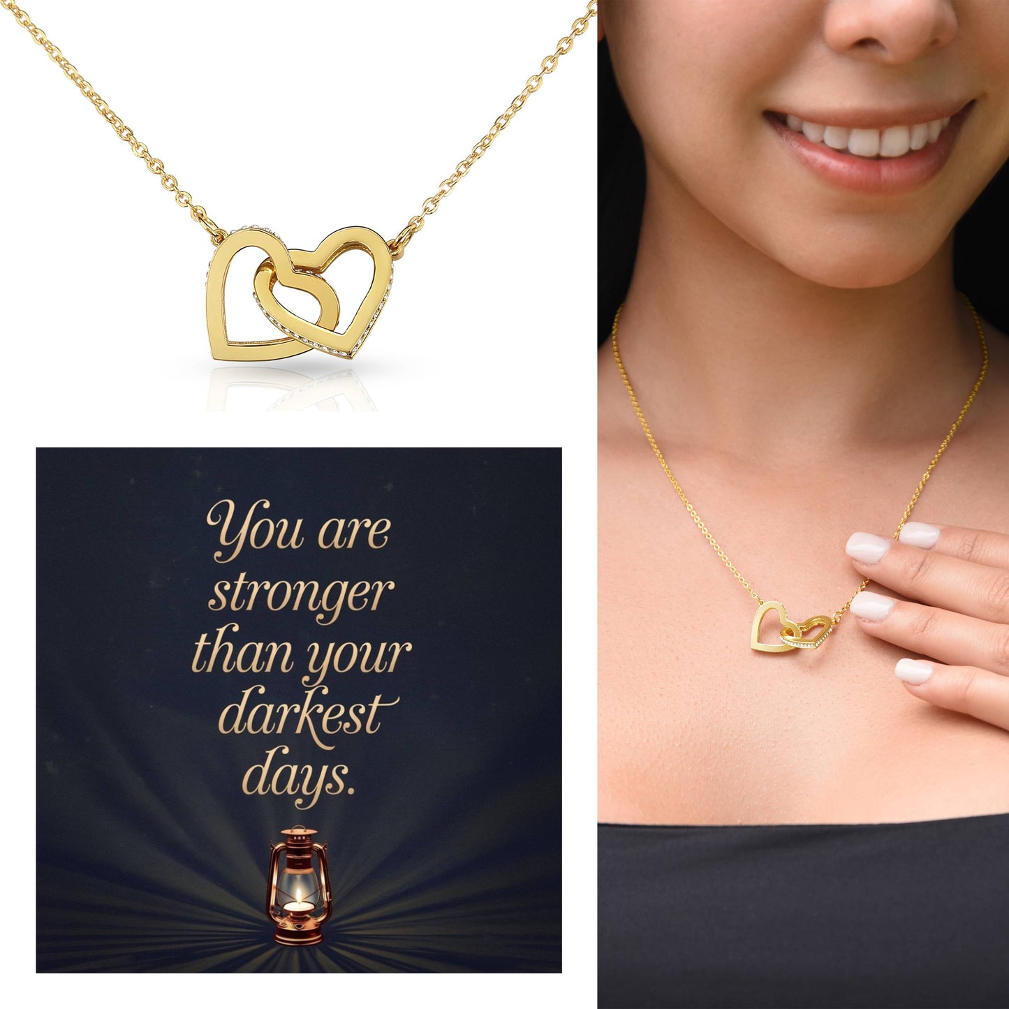 You Are Stronger Than Your Darkest Days: Interlocking Hearts Necklace - Mental Health Gift, Self-Love, Anxiety, PTSD Support