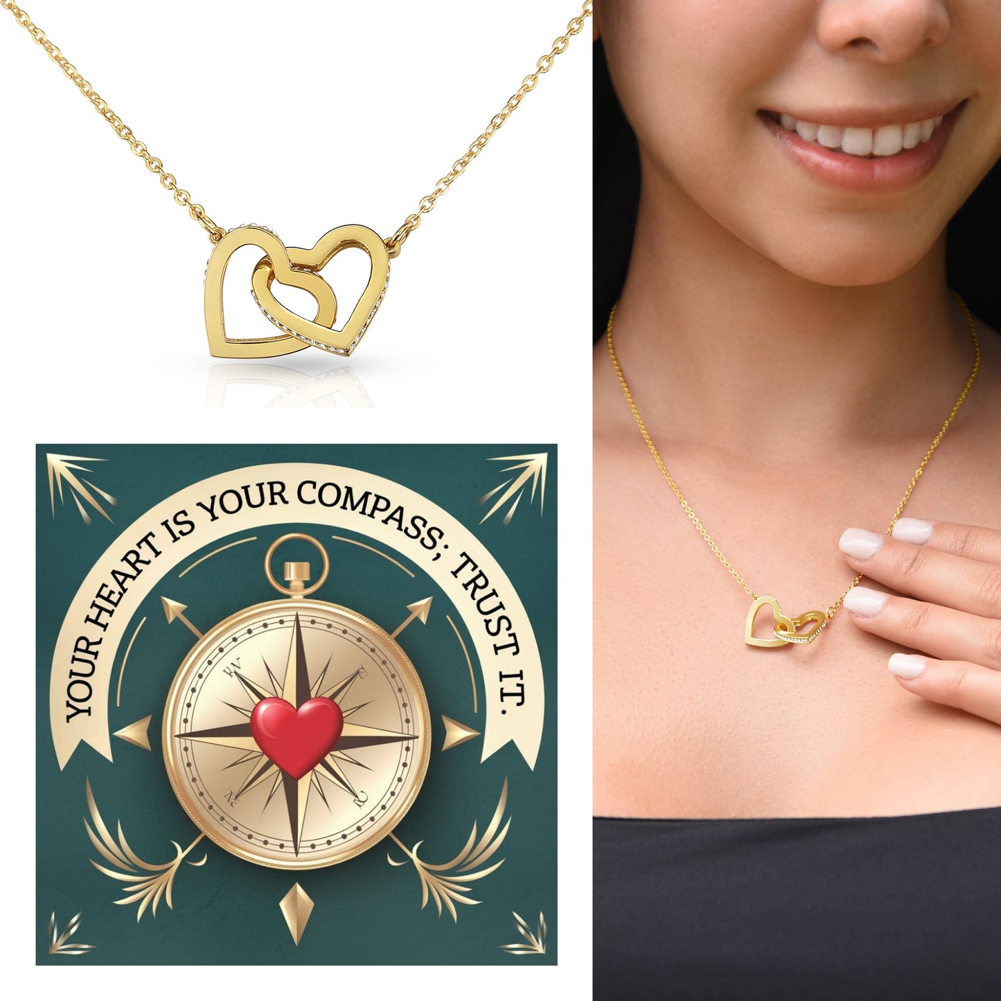 Your Heart Is Your Compass; Trust It: Interlocking Hearts Necklace - Mental Health Gift, Self-Love, Anxiety, PTSD Support