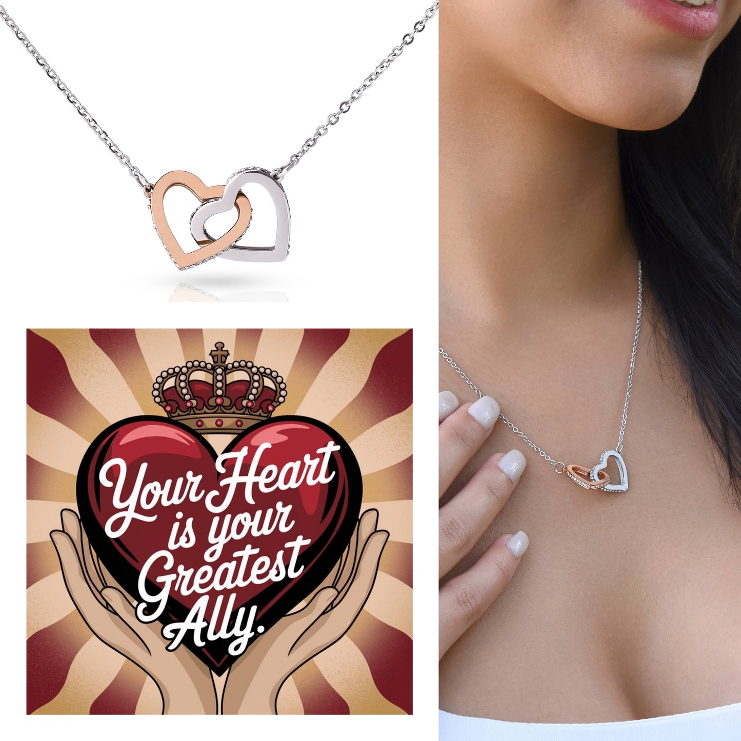 Your Heart Is Your Greatest Ally: Interlocking Hearts Necklace - Mental Health Gift, Self-Love, Anxiety, PTSD Support