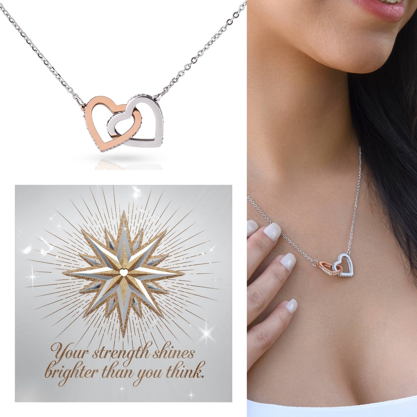 Your Strength Shines Brighter Than You Think: Interlocking Hearts Necklace - Mental Health Gift, Self-Love, Anxiety, PTSD Support