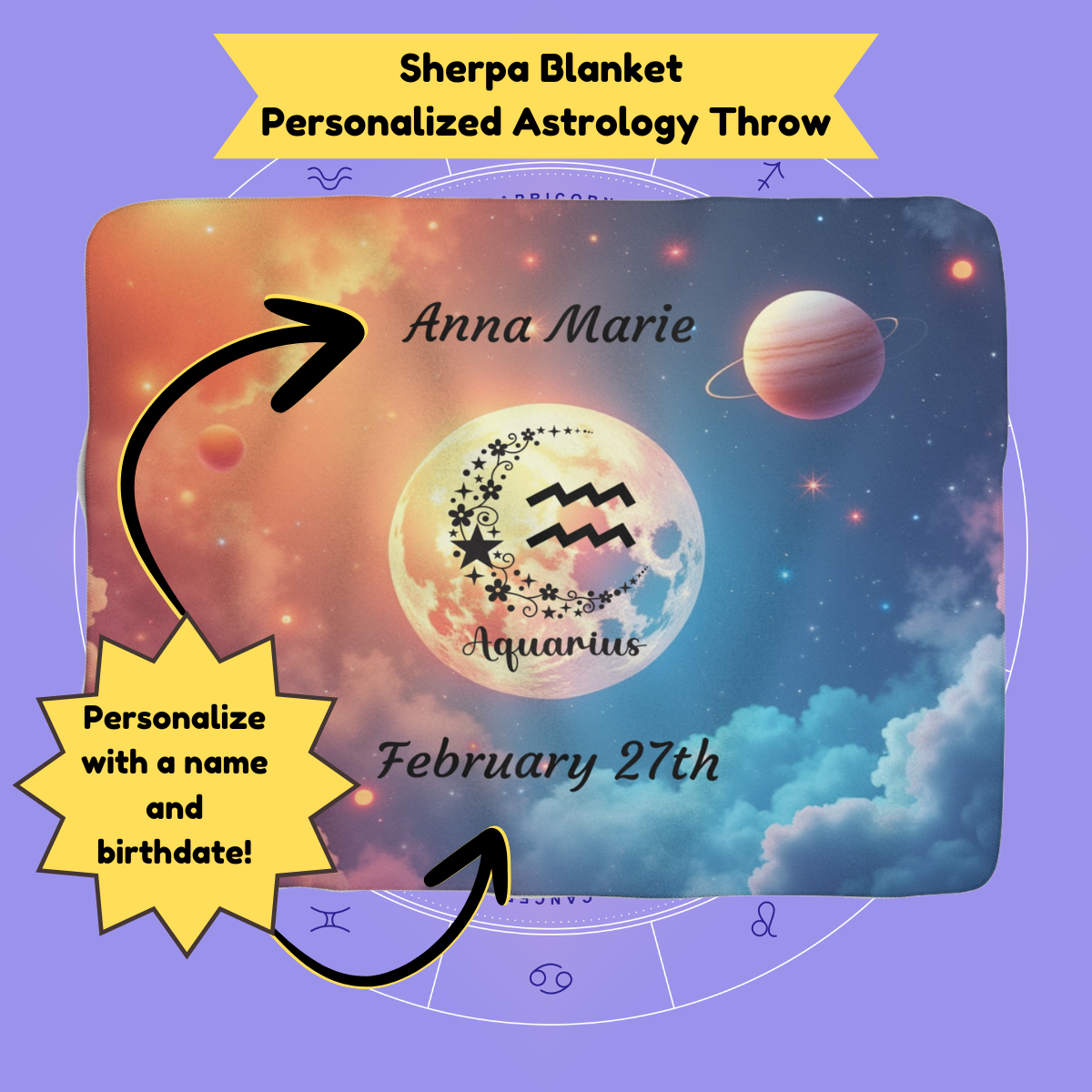 Personalized astrology throw with Aquarius zodiac sign constellation design for comfort and mental wellness.