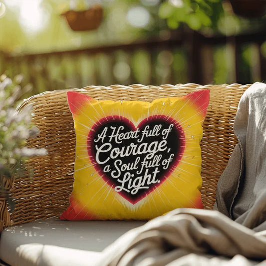 Shop our a heart full of courage self care pillow featuring the 18" x 18" style option from MySisterIsASurvivor.