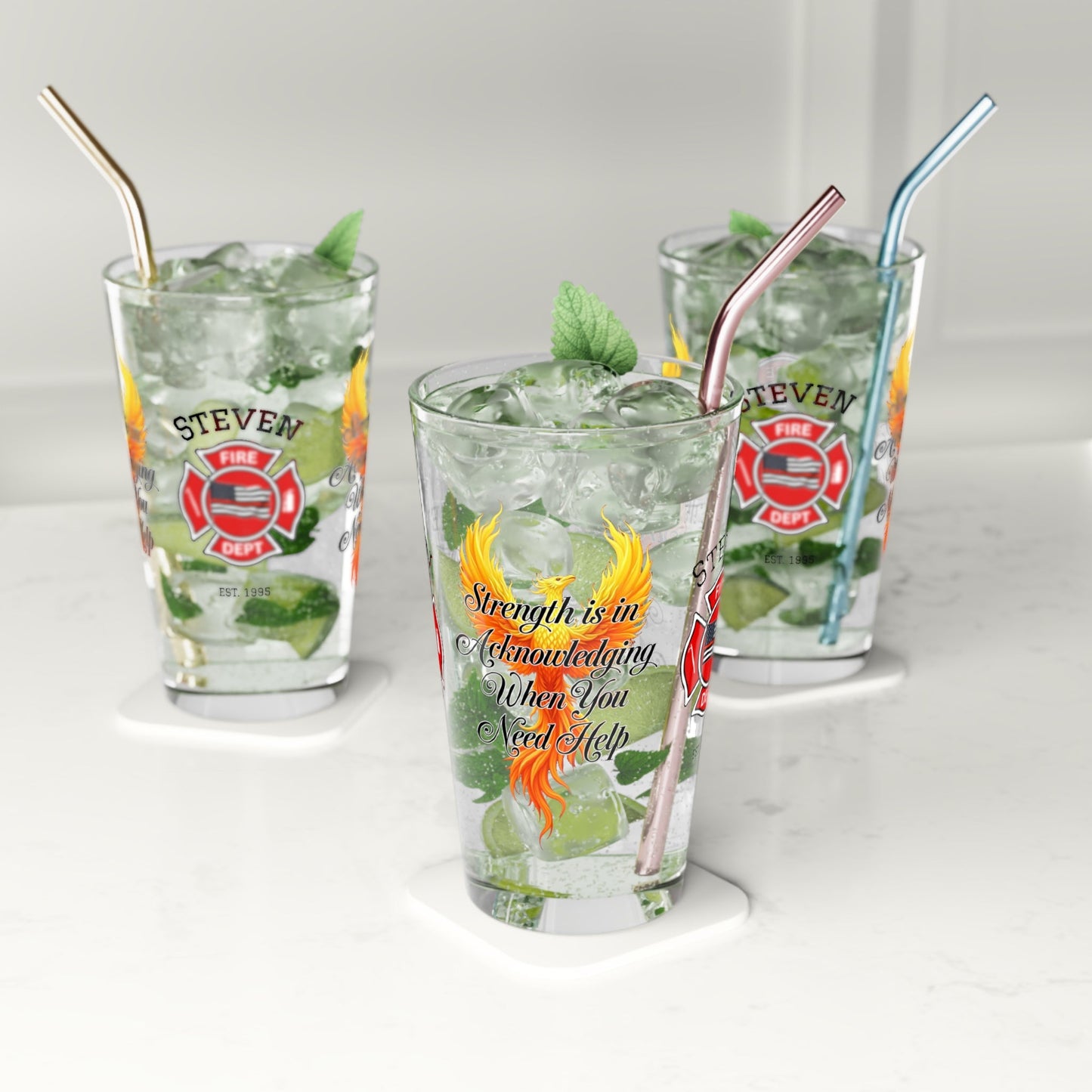 Firefighter support pint glass reminding first responders to seek help and prioritize mental health. - MySisterIsASurvivor