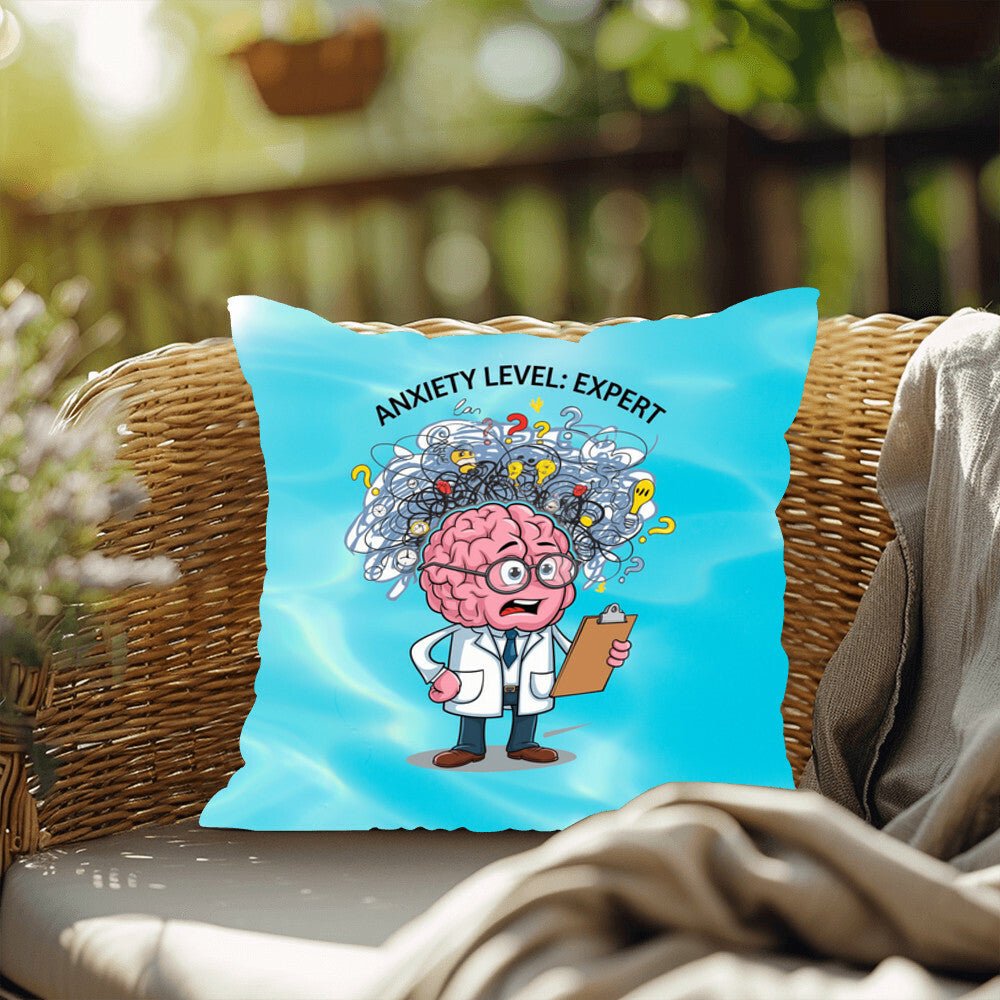 "Anxiety Level: Expert" indoor/outdoor pillow, designed for mental health support, self-care, and anxiety relief.