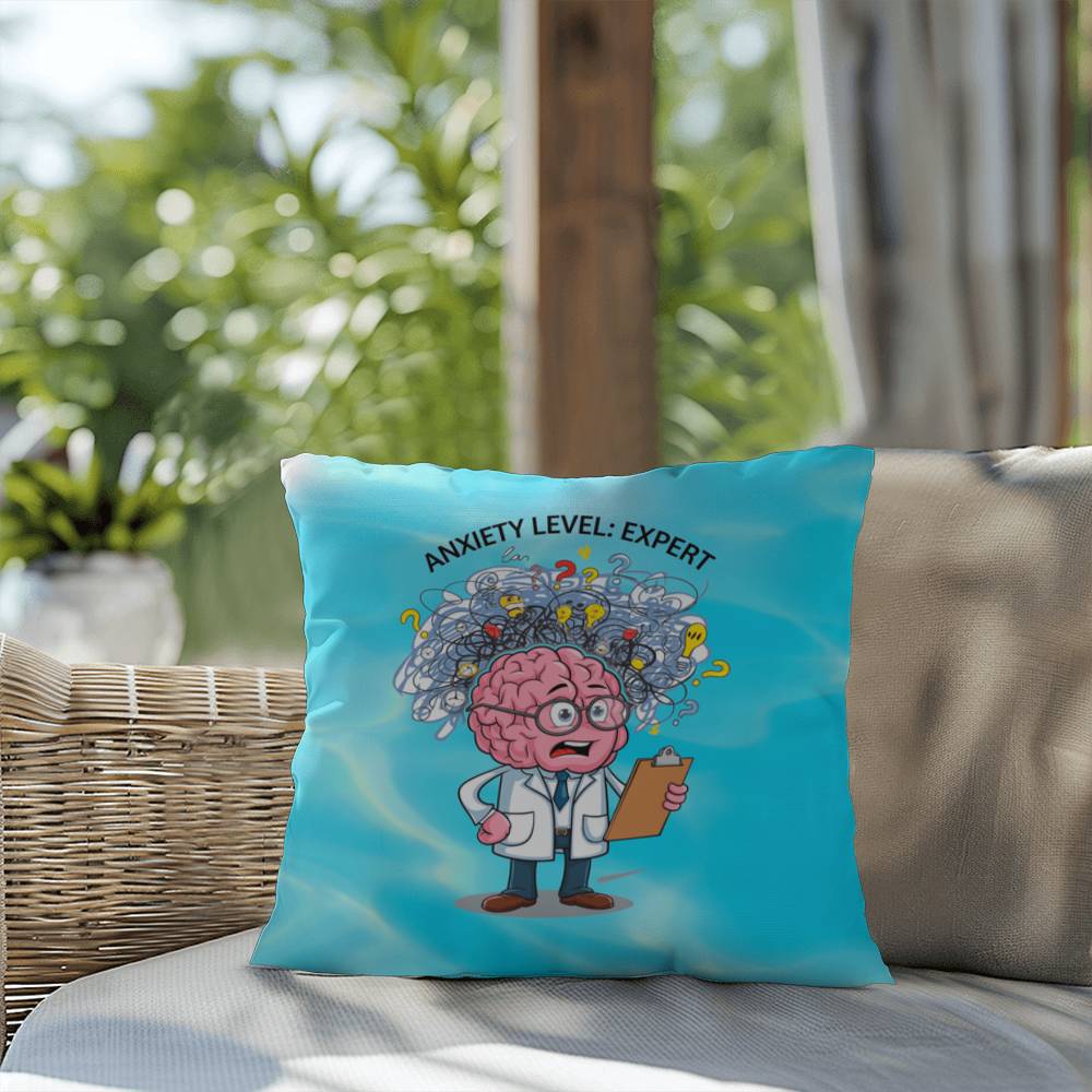 "Anxiety Level: Expert" indoor/outdoor pillow, designed for mental health support, self-care, and anxiety relief.