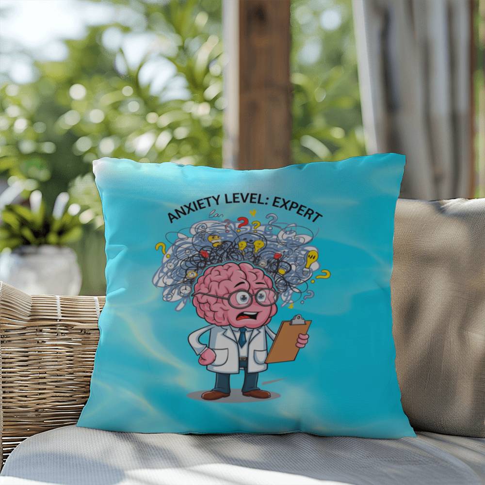 "Anxiety Level: Expert" indoor/outdoor pillow, designed for mental health support, self-care, and anxiety relief.