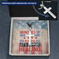 Engraved cross necklace with "Memories of War Don’t Fade" - PTSD awareness and veteran remembrance jewelry