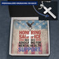 Stainless steel cross necklace engraved with "Honoring Sacrifice" - veteran tribute and PTSD awareness gift