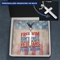 Engraved cross necklace with "Freedom Isn't Free" - personalized military memorial jewelry for PTSD support and veterans