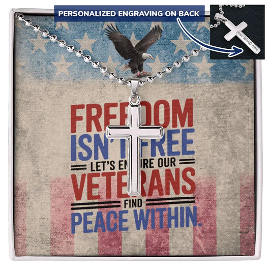 Engraved cross necklace with "Freedom Isn't Free" - personalized military memorial jewelry for PTSD support and veterans