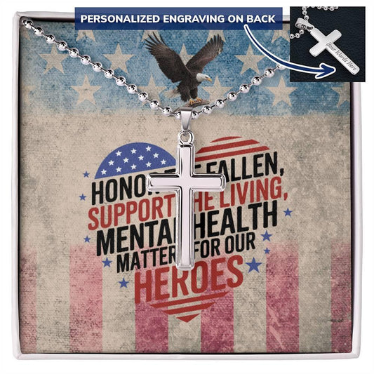 Honor the Fallen engraved cross necklace - remembrance jewelry for soldiers, veterans, and Memorial Day gifting
