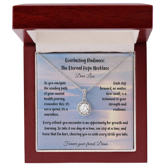 Shop our as you navigate the winding path of your mental health journey everlasting radiance the eternal hope necklace featuring the Luxury Box w/ LED style option from MySisterIsASurvivor.