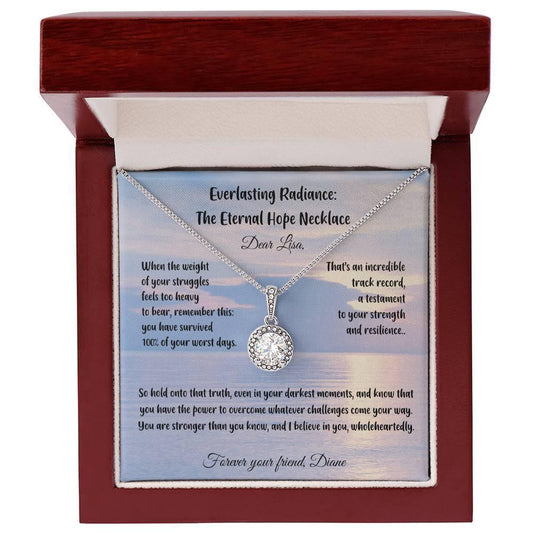 Shop our when the weight of your struggles feels too heavy to bear everlasting radiance the eternal hope necklace featuring the Luxury Box w/ LED style option from MySisterIsASurvivor.