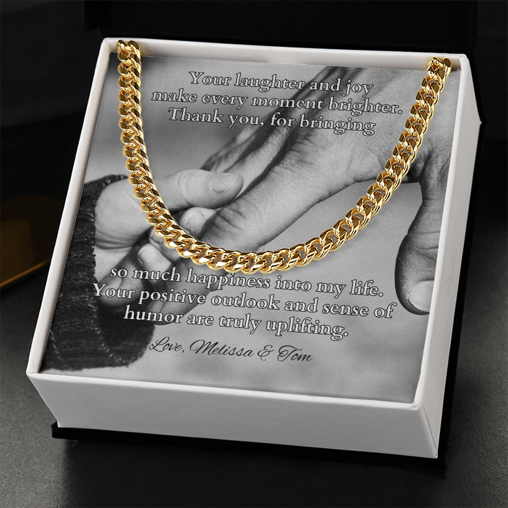 Cuban link chain with message “Your Laughter And Joy” – joyful dad keepsake necklace