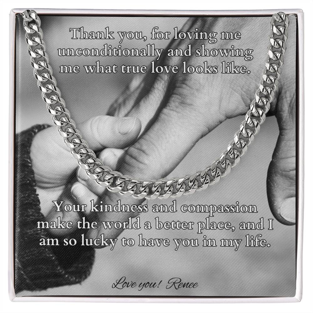Cuban link chain with card reading “Thank You, For Loving Me” – heartfelt necklace for dad