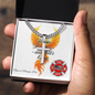 Heroes Hurt Too firefighter engraved cross necklace promoting mental health awareness and emotional resilience.