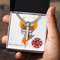 Strong Enough firefighter support Cuban link cross necklace symbolizing courage, healing, and resilience.
