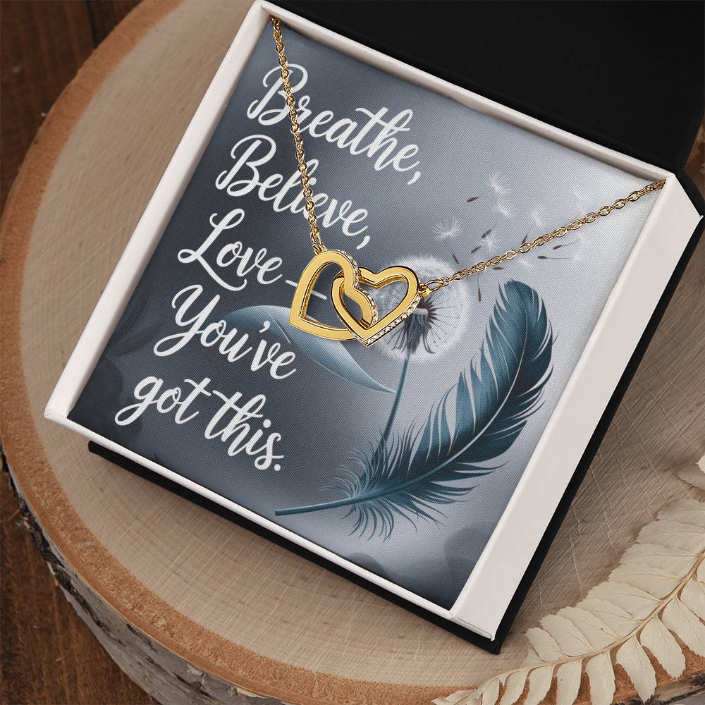 Breathe, Believe, Love - Interlocking Hearts Necklace encouragement gift for positivity & resilience