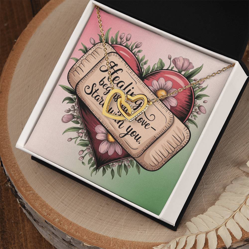 Healing Begins With Love - Start With You: Interlocking Hearts Necklace - Mental Health Gift, Self-Love, Anxiety, PTSD Support