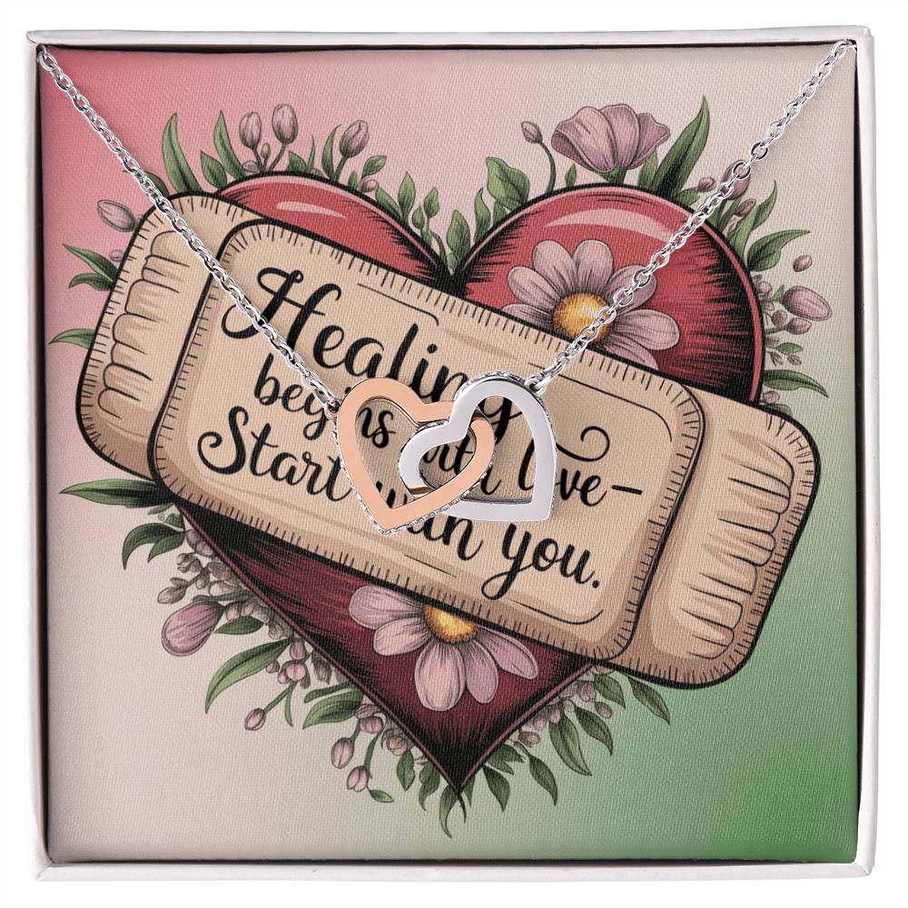 Healing Begins With Love - Start With You: Interlocking Hearts Necklace - Mental Health Gift, Self-Love, Anxiety, PTSD Support