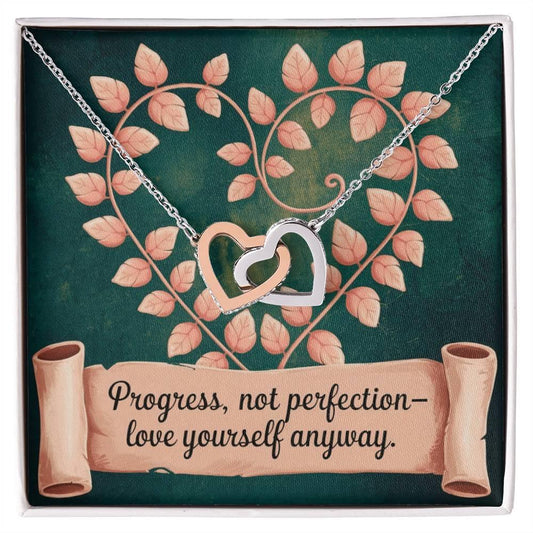 Shop our progress not perfection interlocking hearts necklace featuring the 14k White Gold Finish style option from MySisterIsASurvivor.