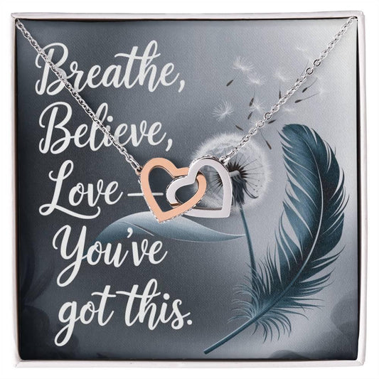 Breathe, Believe, Love - Interlocking Hearts Necklace encouragement gift for positivity & resilience