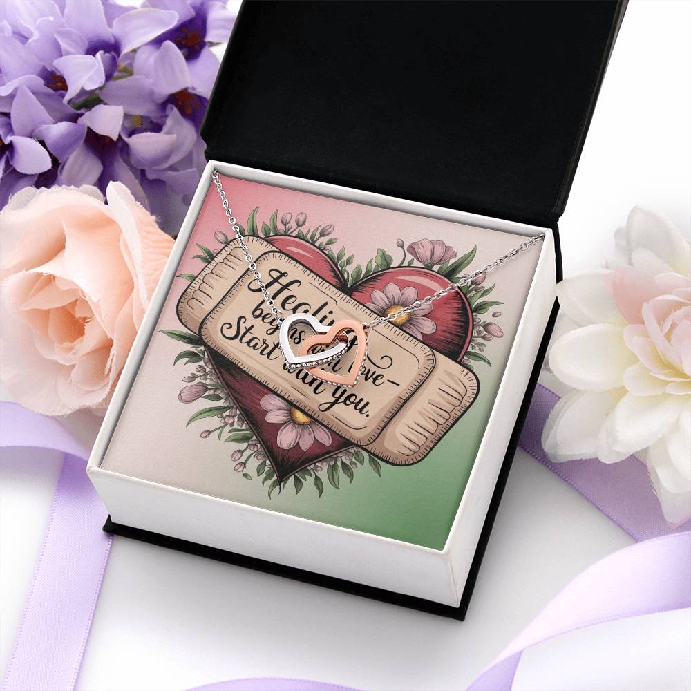 Healing Begins With Love - Start With You: Interlocking Hearts Necklace - Mental Health Gift, Self-Love, Anxiety, PTSD Support