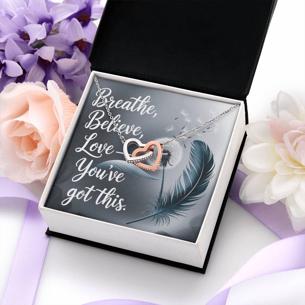 Breathe, Believe, Love - Interlocking Hearts Necklace encouragement gift for positivity & resilience