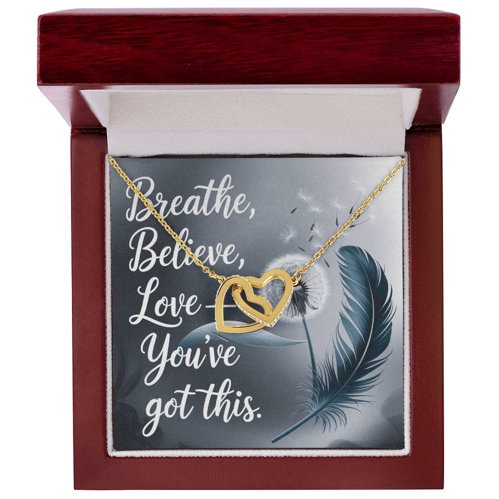 Breathe, Believe, Love - Interlocking Hearts Necklace encouragement gift for positivity & resilience