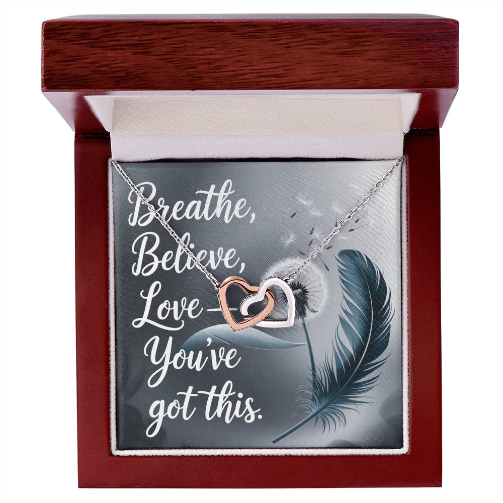 Breathe, Believe, Love - Interlocking Hearts Necklace encouragement gift for positivity & resilience