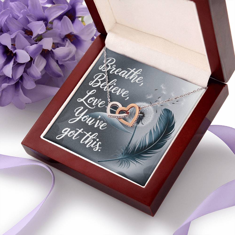Breathe, Believe, Love - Interlocking Hearts Necklace encouragement gift for positivity & resilience