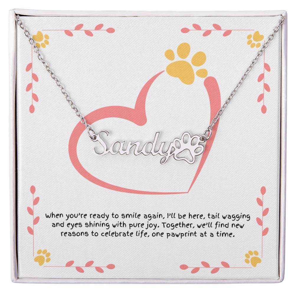 Custom paw print name necklace for dog moms, a reminder of companionship, comfort, and the healing power of paws.