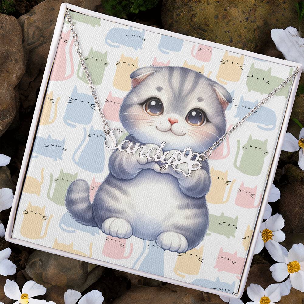 Scottish Fold Cat - Personalized Name Necklace + Paw Print
