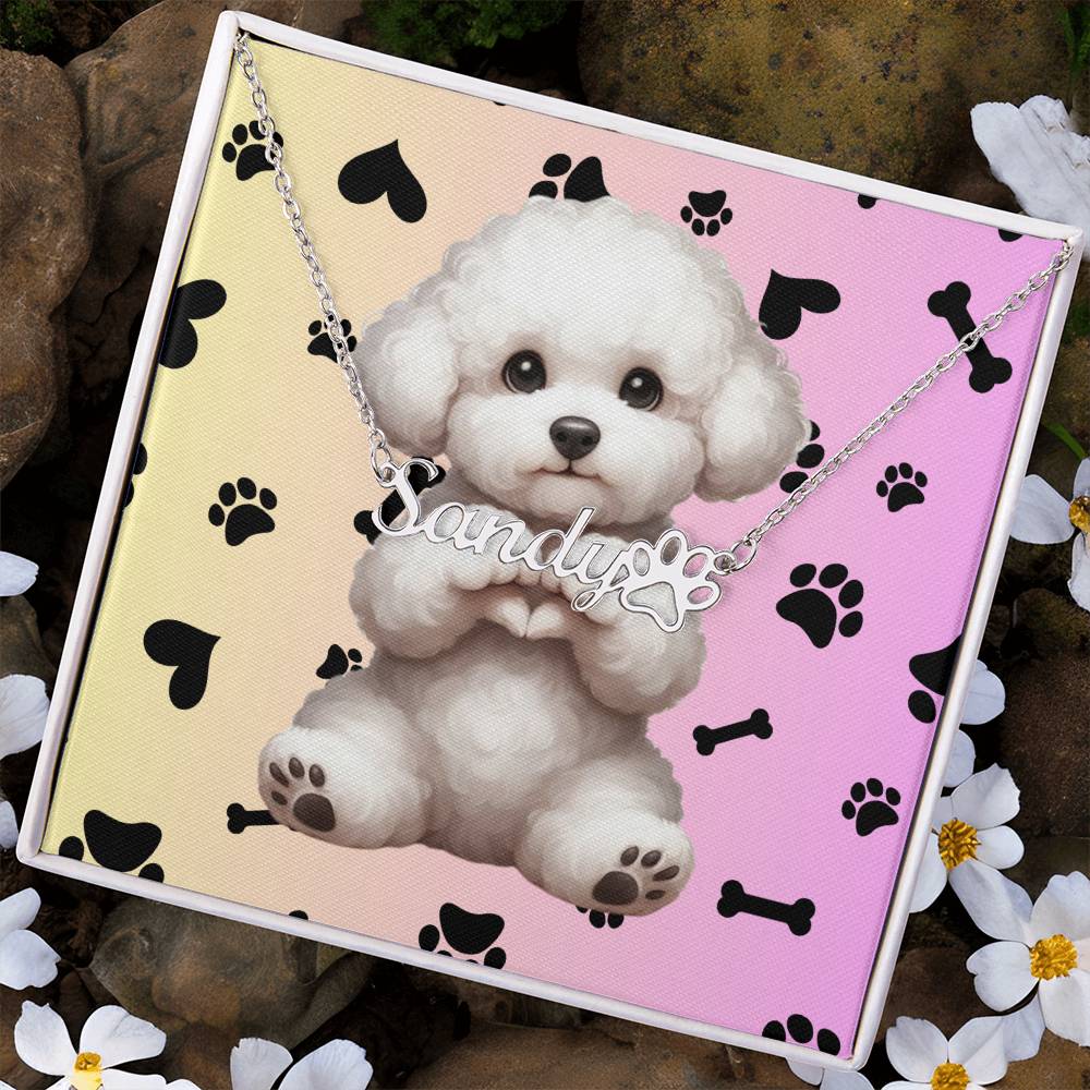 Bichon Frise Dog: Bichon Frise pendant on a custom name necklace, personalized with a paw print charm.