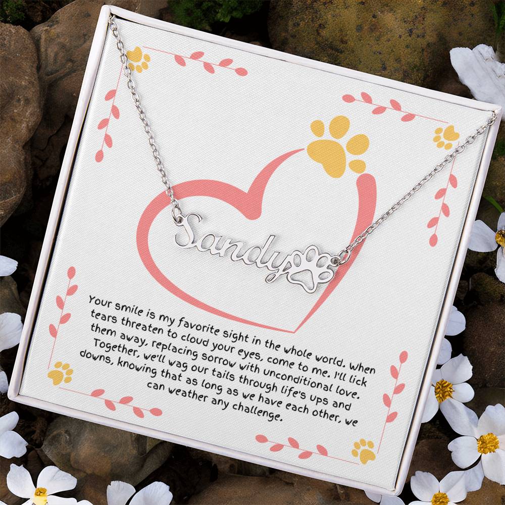 Personalized dog name necklace with paw charm, gift for dog lovers expressing unconditional love and wiping away tears