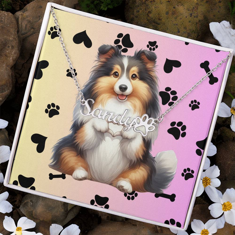 Shetland Sheepdog Dog - Personalized Name Necklace W/Paw Print Symbol - Custom Therapy Animal Jewelry & Keepsake