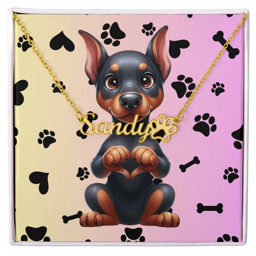Doberman Pinscher Name Necklace - personalized paw print jewelry, custom Doberman gift for dog owners and lovers