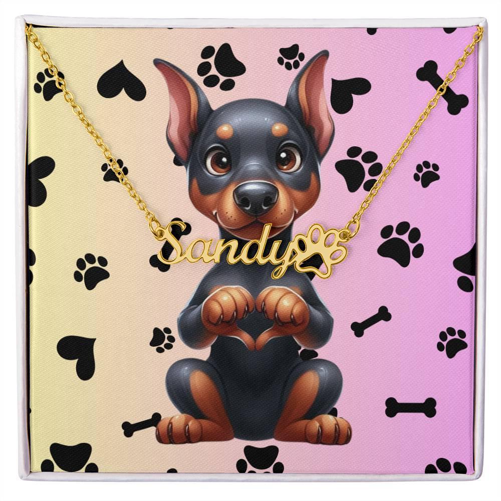 Doberman Pinscher Name Necklace - personalized paw print jewelry, custom Doberman gift for dog owners and lovers