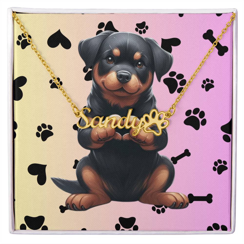 Rottweiler name necklace, personalized dog jewelry, paw print keepsake for Rottweiler pet owners and lovers