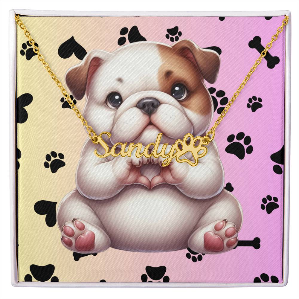 Bulldog name necklace personalized paw print jewelry custom dog lover gift unique pet keepsake for Bulldog owners